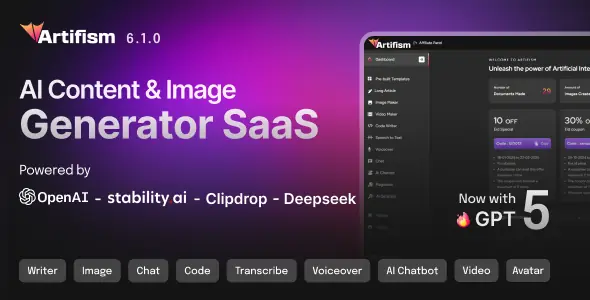 Artifism v6.2.0 - AI Content, Image, Video, Chat, Chatbot, Voiceover & Code Generator SaaS