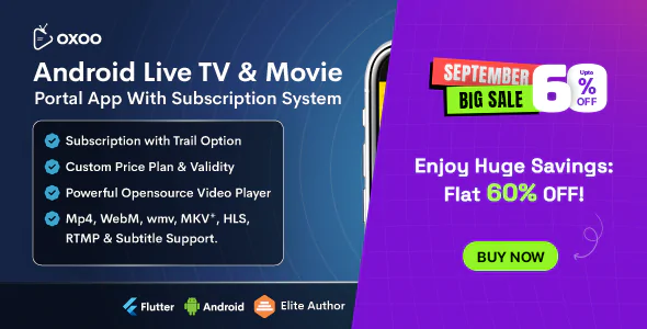 OXOO v1.2.0 - Flutter Live TV & Movie Portal App for iOS And Android
